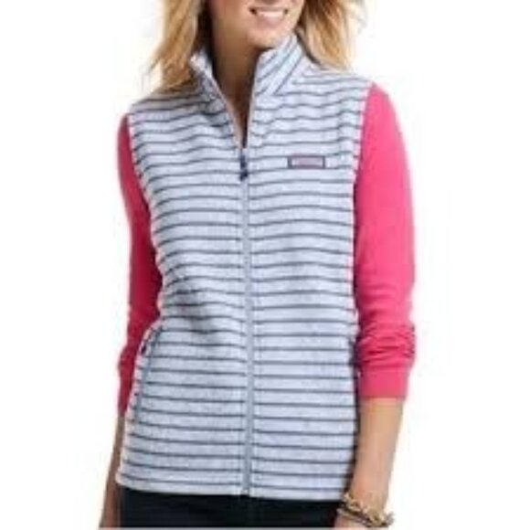 Vineyard Vines Heather Grey /Blue Fleece Sweater Vest Front Zip Women's Size L - Picture 1 of 10